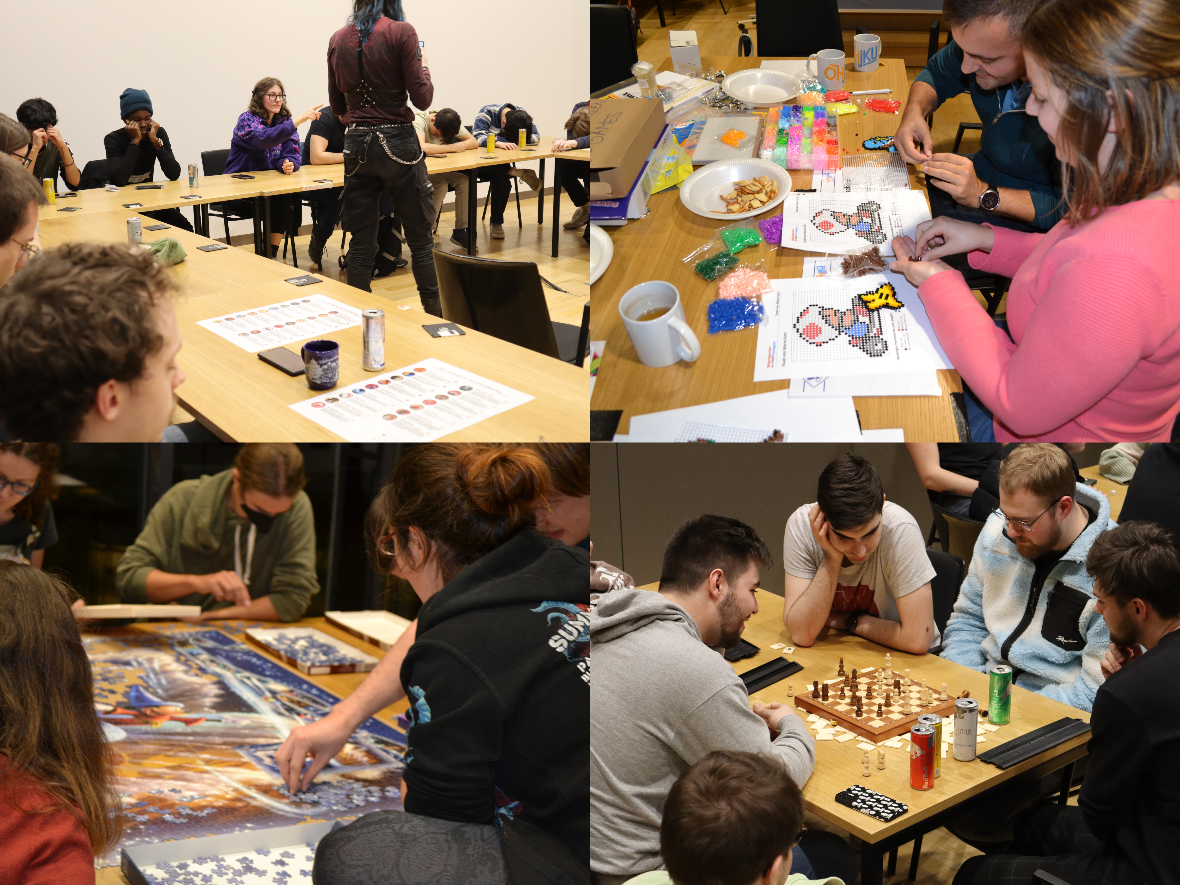 Collage of Werwolf group game, decorations, puzzle and chess